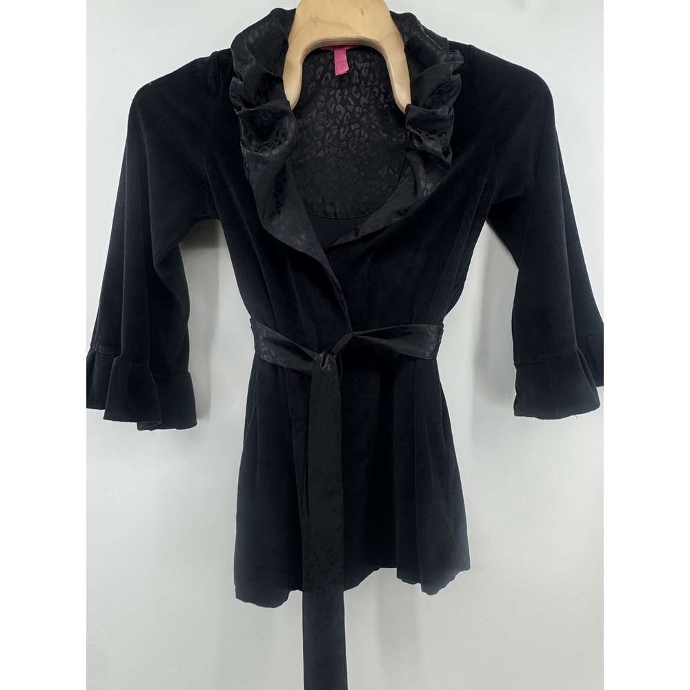 Betsey Johnson Intimates Black Velvet Leopard Satin Ruffle Robe Pockets Small
